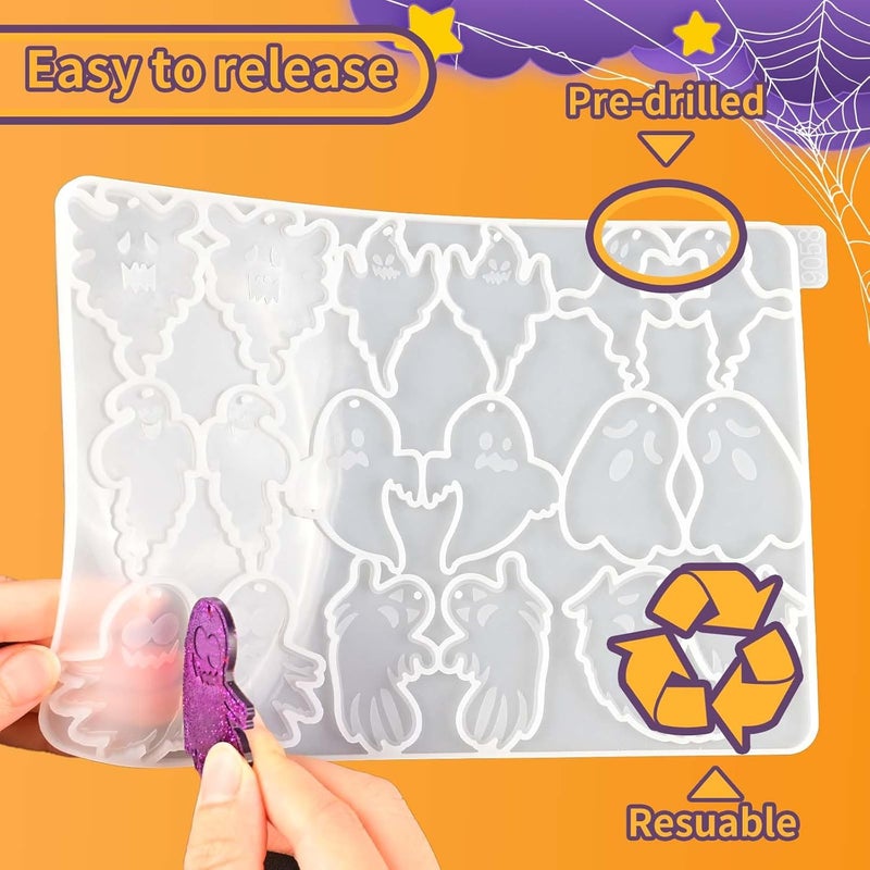 ZQYSING Halloween Resin Earring Molds with Holes, 9 Pair Various Shape Cute Ghost Silicone Mold for Resin, DIY Making Jewelry Earring Keychain for Halloween Party Gifts - Image 5